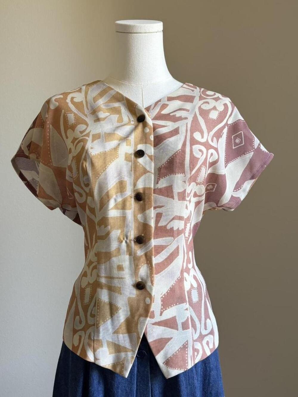 Vintage Abstract Print Tie Back Blouse Vintage Dolman Sleeve Top